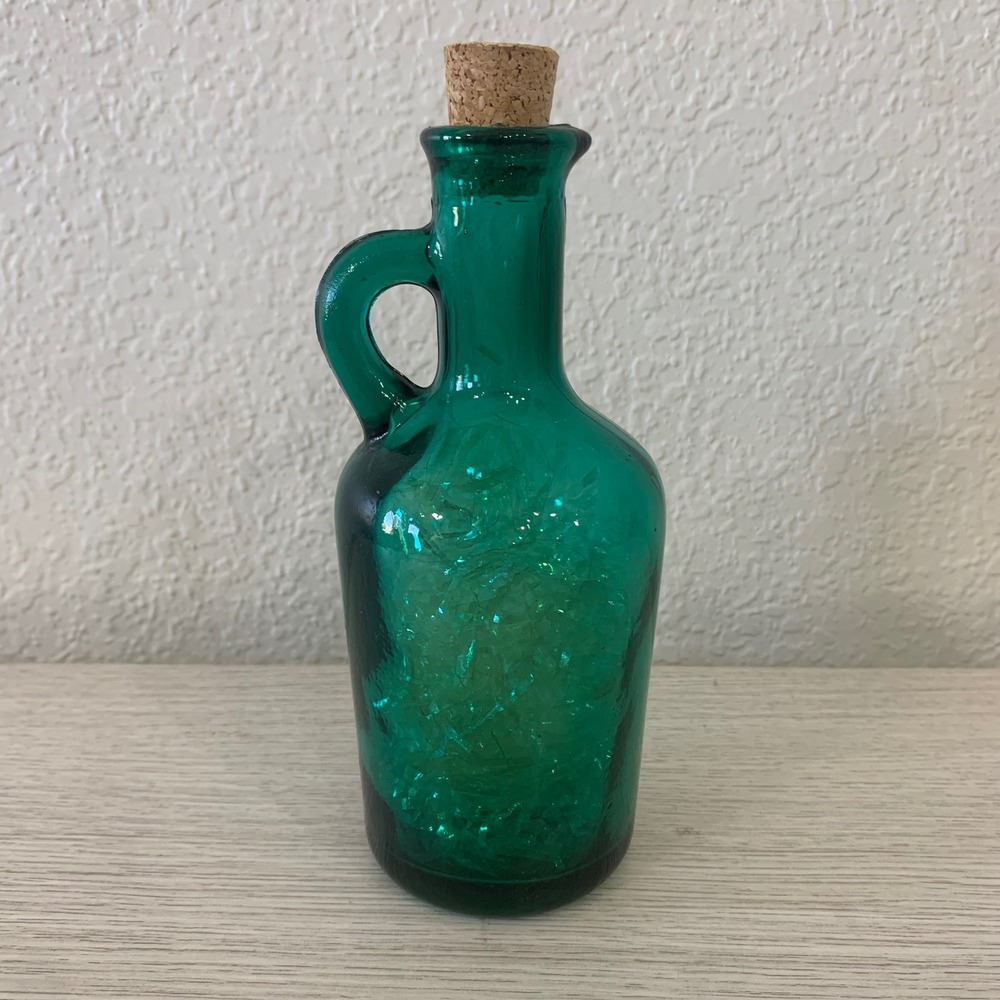 Green Glass Bottle with Handle and Cork‎ Stopper Decorative Accent